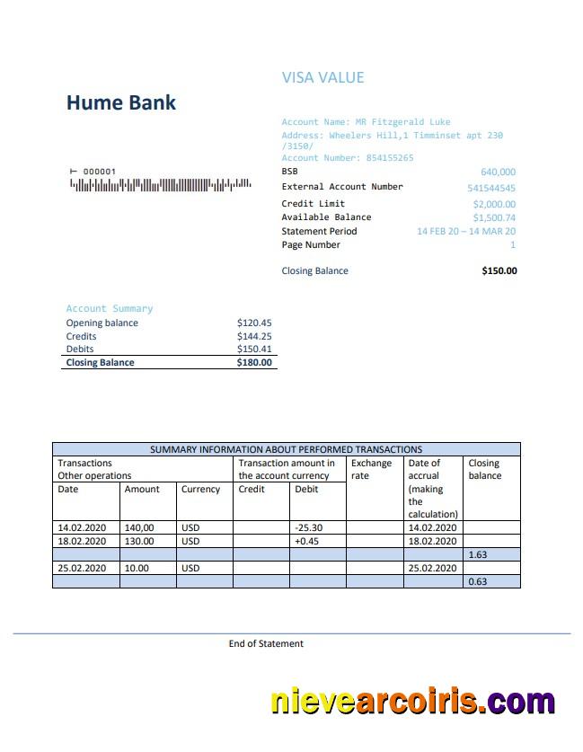 Australia Humebank proof of address statement in .doc and .pdf format, fully editable